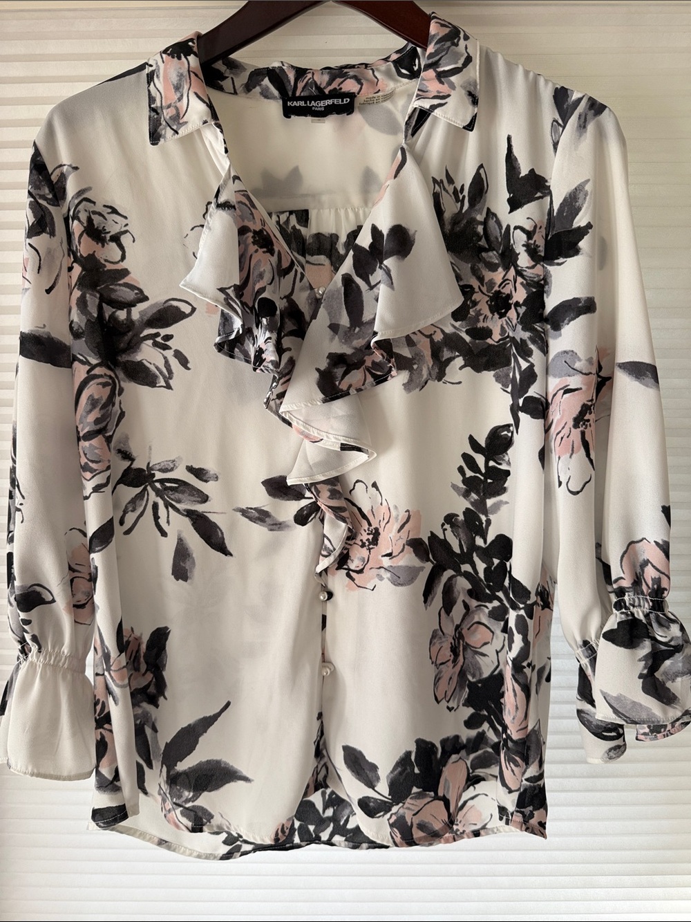 Karl Lagerfeld White Blouse with Black & Blush Floral Print. size M